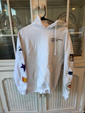 White Graphic Pullover Hoodie with Sleeve Patches barstool sports L pizza